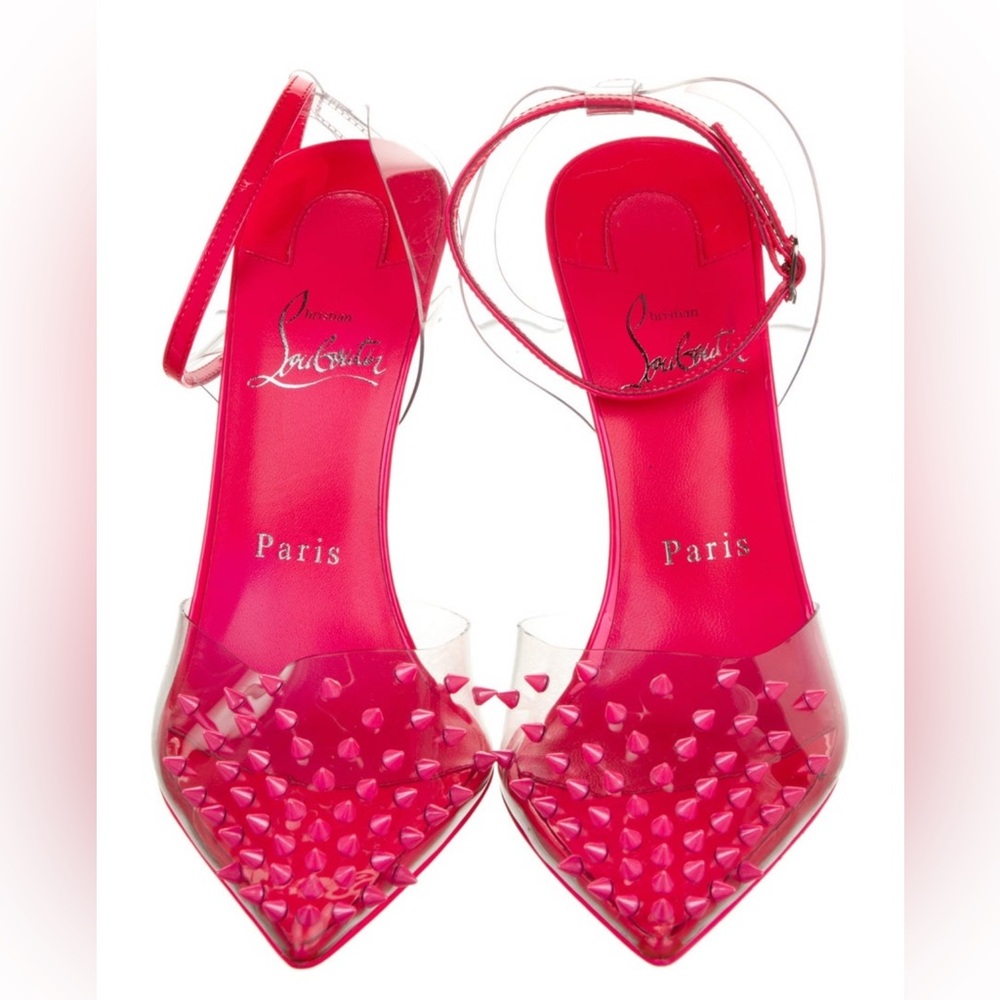 New Christian Louboutin 37.5 Pink Spikoo 100 Spike Studded Heels $995